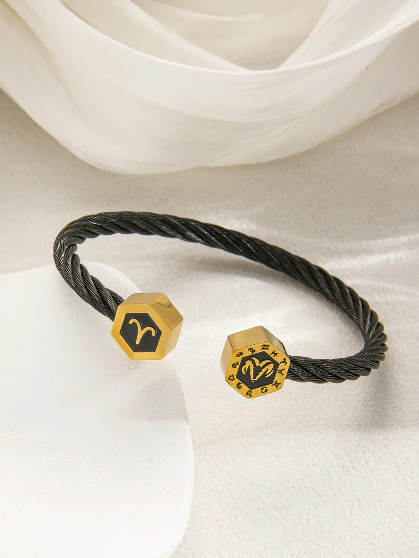 Unisex Hexagonal Zodiac Bracelet, Adjustable Cord, 18k Stainless Steel, Waterproof, Fade-Resistant, Stackable, Gift Idea