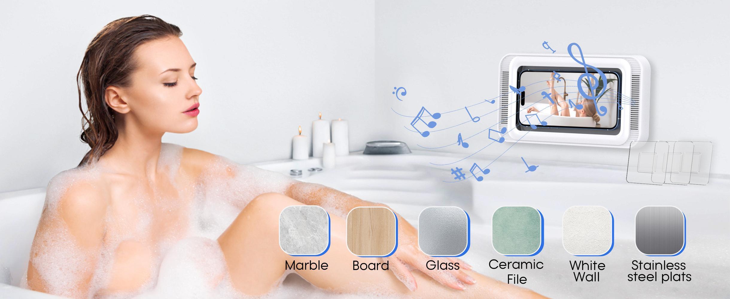 Shower Phone Holder with Speaker  480 Rotation, Wall Phone Mount for Shower Waterproof Anti Fog Shower Case