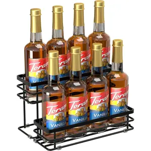 8 Bottle 2 Tier Coffee Syrup Organizer Rack, Stand Holder for Countertop Coffee Bar, Storage for Syrup Dressing, Small Black Wine Rack for Family