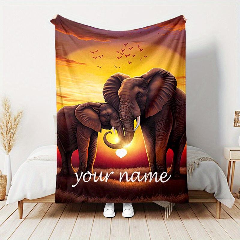 Personalized Elephant Sunset Flannel Throw Blanket with Custom Name - Soft, Warm Knitted Polyester, Vintage Animal Digital Print, All-Season Cozy Blanket for Sofa, Chair, Bed, Outdoor Travel - Unique Gift Idea
