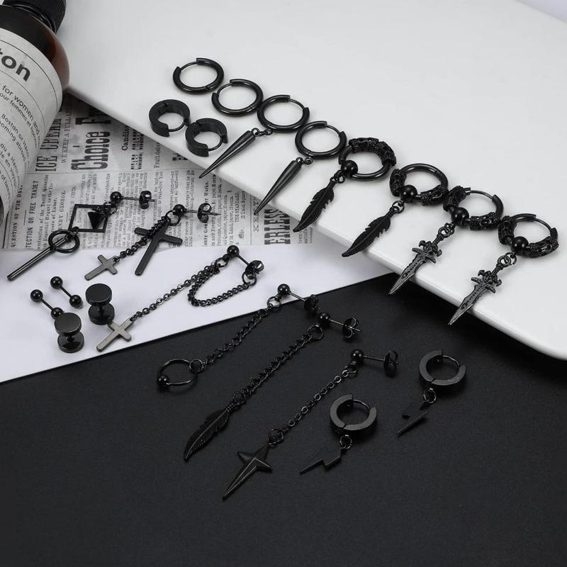 MILACOLATO 22Pcs Stainless Steel Hinged Hoop Earrings Long Chain Stud Cross Dangle Earrings Set Dangle Earrings for Men Kpop Earrings for Mens Black, Silver Daily