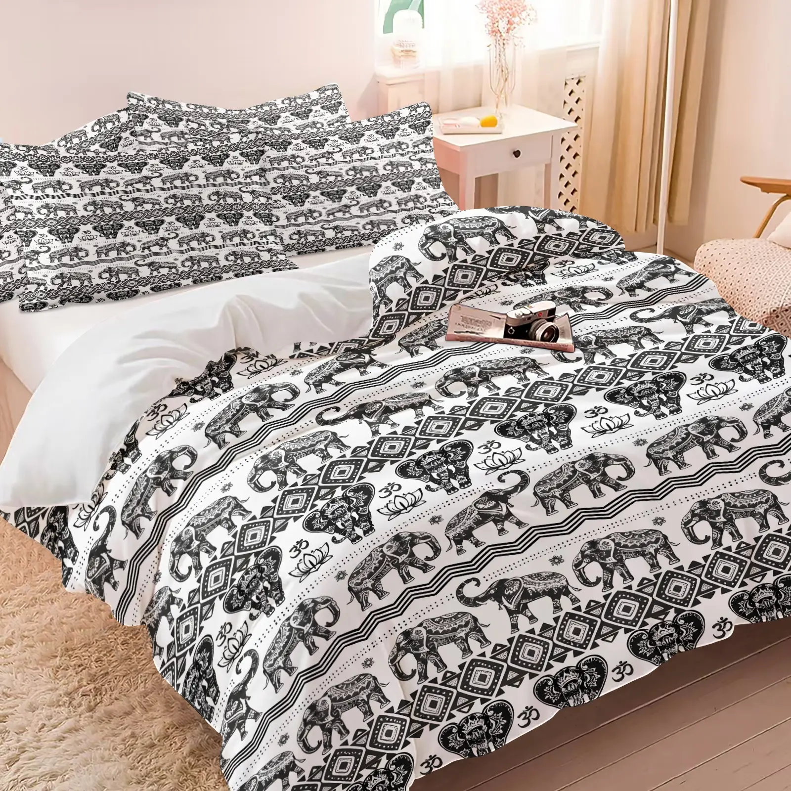 Boho Tribal Decorated Elephant Print Duvet Cover Set, Includes 1-2 Pillowcases, Black White Tribal Bedding All Size, Ethnic Exotic Print Breathable Bed Set, Soft Skin-Friendly Duvet, Bohemian Bedroom Decor, Exotic Style Gift