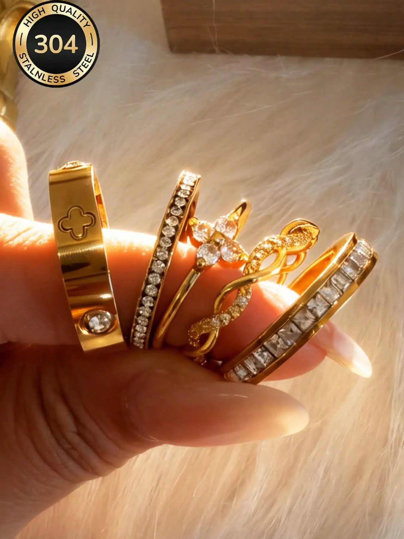304 Stainless Steel & Copper 18k Gold Plated Stackable Ring Set, Women's 5 Pcs Clover, Diamond, Heart Rings, Fashion Rings, Low Allergy Jewelry, Mother's Day Gift