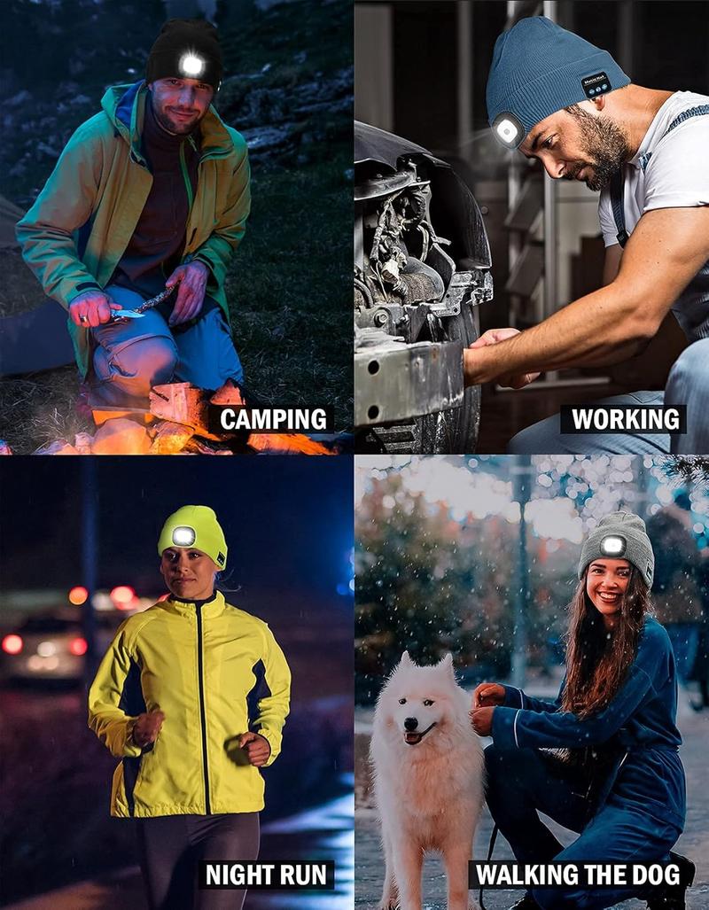 Bluetooth Beanie Hat with Light, Unisex USB Rechargeable Wireless Beanie Cap LED Headlamp Hat Music Hat with Headphones, Christmas Birthday Gifts for Men & Women, Black