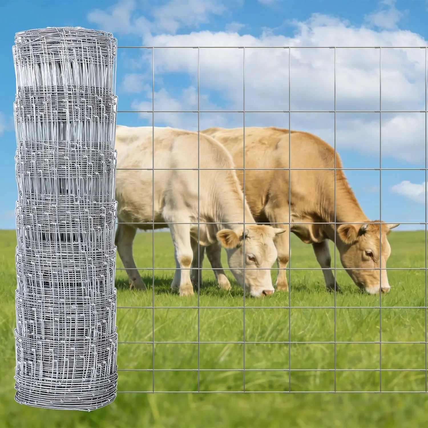 Galvanized Farm Fence Panel - 4ft x 165ft, 14-Gauge Wire with 12-Gauge Reinforced Edge, Graduated Mesh for Garden Livestock & Backyard Home Improvement