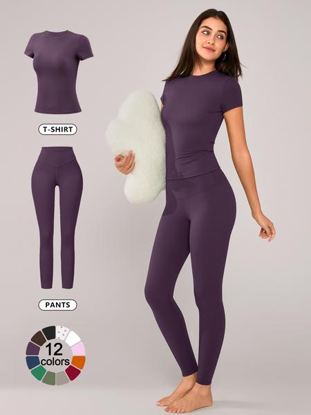 Women's Solid Short Sleeve Tee & Leggings Loungewear, Casual Comfy Round Neck Top & Skinny Pants PJ Set, Ladies Sleepwear for Spring & Fall, Pajama Women's Solid Short Sleeve Tee & Leggings Loungewear, Casual Comfy Round Neck Top & Skinny Pants PJ Set, Ladies Sleepwear for Spring & Fall, Pajama