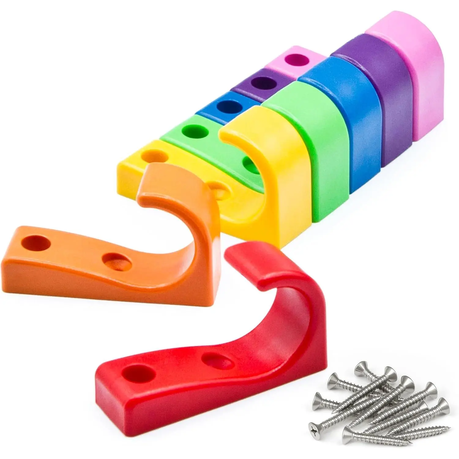 Heavy Duty Hooks for Hanging Coats, Jackets, Backpacks, Baseball Hats - Wall Mounted Rainbow Color Hangers for Kids, Perfect Hook for Classrooms, Bathroom Robes and Towels | J Hook 7-Pack