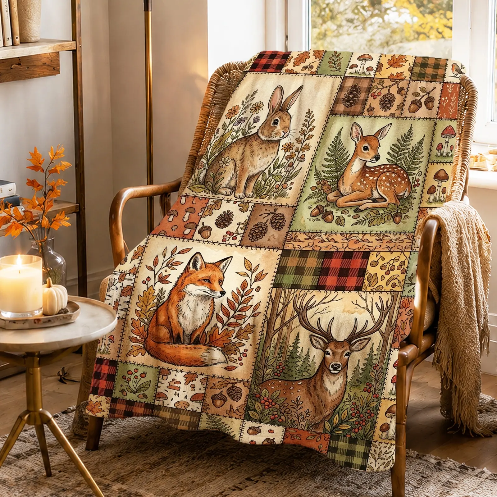 1pc Rabbit Deer Fox Blanket, Rustic Farmhouse Style, All-Over Patchwork Design with Nature Illustrations and Earthy Tones, for Sofa Living Room Fall Decor and Cozy Home Accents