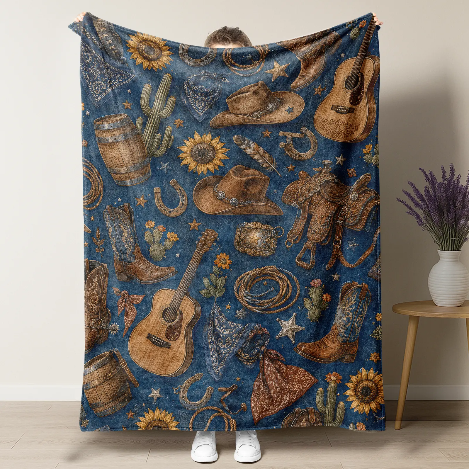 Western Cowboy Throw Blanket - Cowboy Boots Hats & Guitar Pattern Soft Fleece Throw, Rustic Country Decor for Couch Bed, Southern Gift for Country Music Lovers