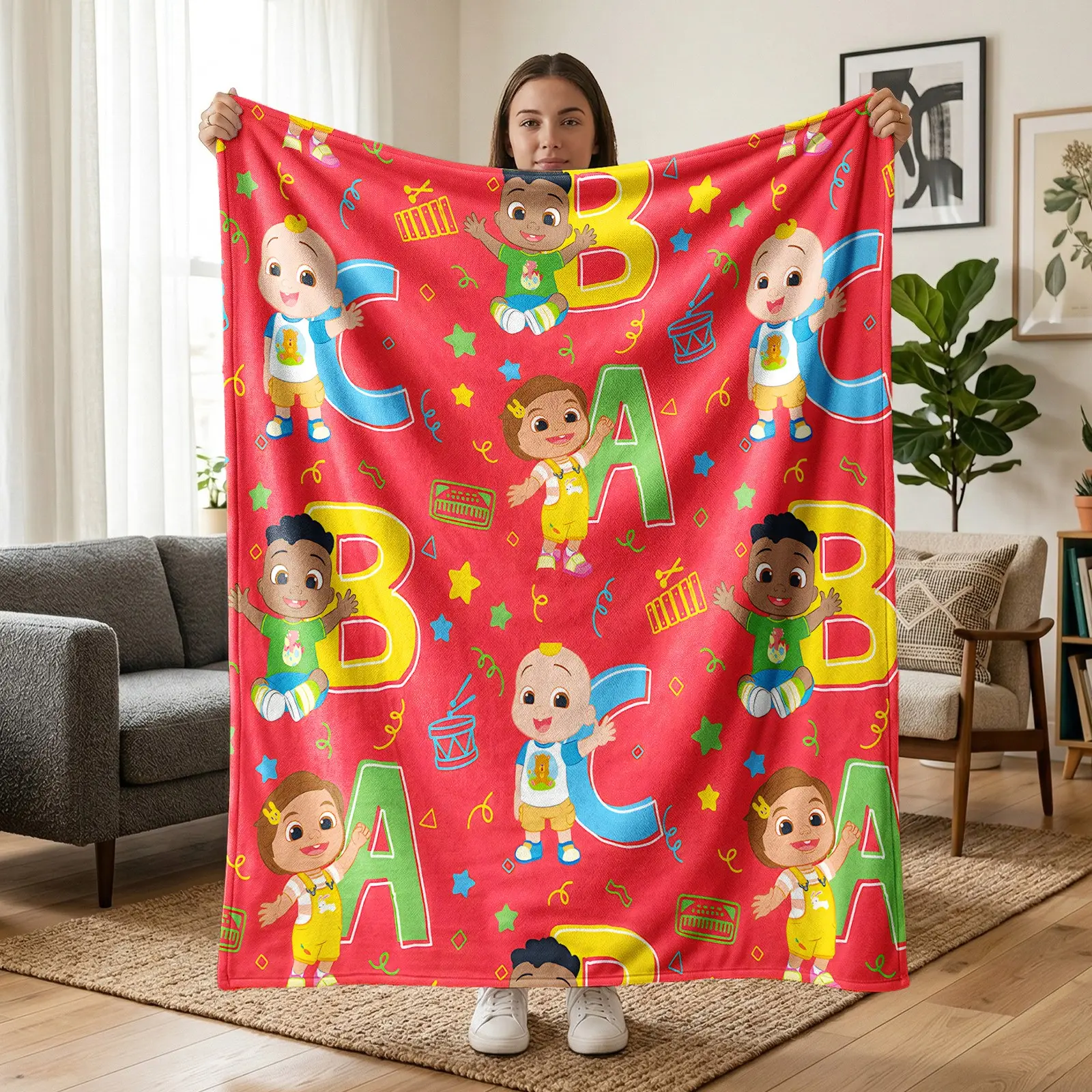 1PC CoComelon ABC Cartoon Flannel Fleece Throw Blanket, Red Background Character Full Print Design, Soft Cozy Warm Lightweight Blanket for Sofa Bed Office Travel Camping, Fan Birthday Christmas Gift