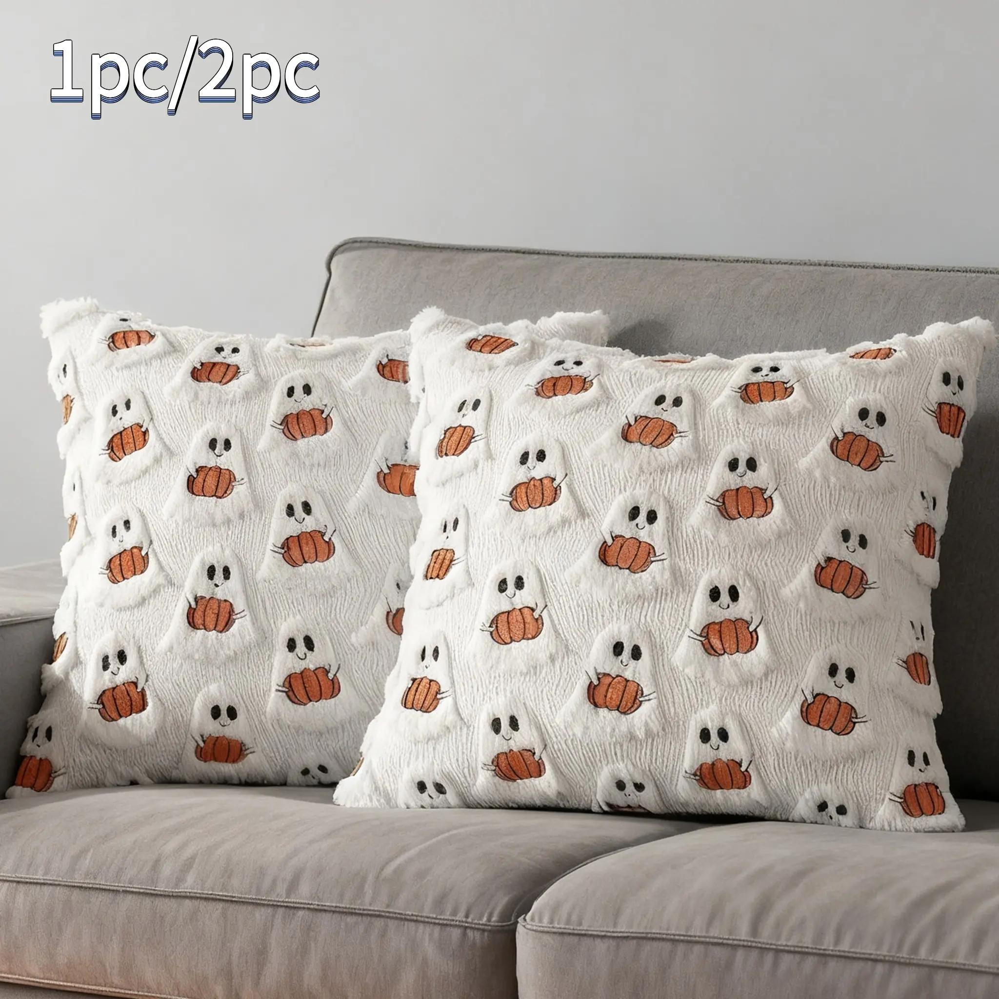 1pc/2pcs Halloween Decor: Decorative Cute Ghost-and-Pumpkin Pillowcase, Fluffy and Soft Plush Pillowcase, Halloween-Themed Home Decor, Cozy Bedroom Decor Pillowcase, Halloween Gift, Sofa, Living Room（No filling）
