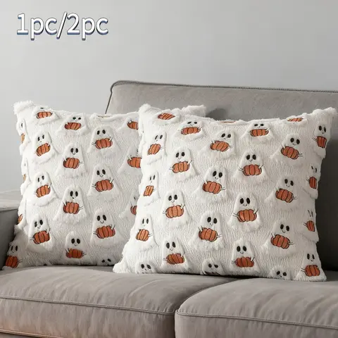 Halloween Decor Cute Ghost-and-Pumpkin Plush Pillowcase, Fluffy Soft Cozy Bedroom Decoration, Halloween Gift (No Filling), Bedroom Decorative Accessories, 1-Pack/2-Pack