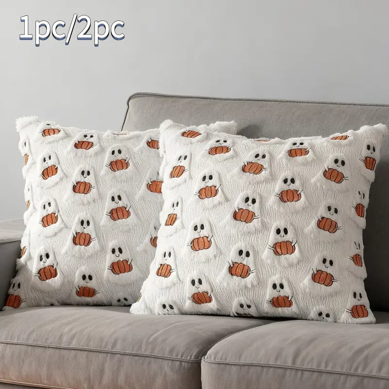 Halloween Decor Cute Ghost-and-Pumpkin Plush Pillowcase, Fluffy Soft Cozy Bedroom Decoration, Halloween Gift (No Filling), Bedroom Decorative Accessories, 1-Pack/2-Pack