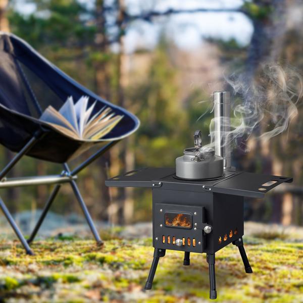 Portable Wood Burning Stove for Tent & Camping, Carbon Steel Folding Heater with 3 Chimney Pipes & Fire Blanket for Ice Fishing, Hunting & Cooking