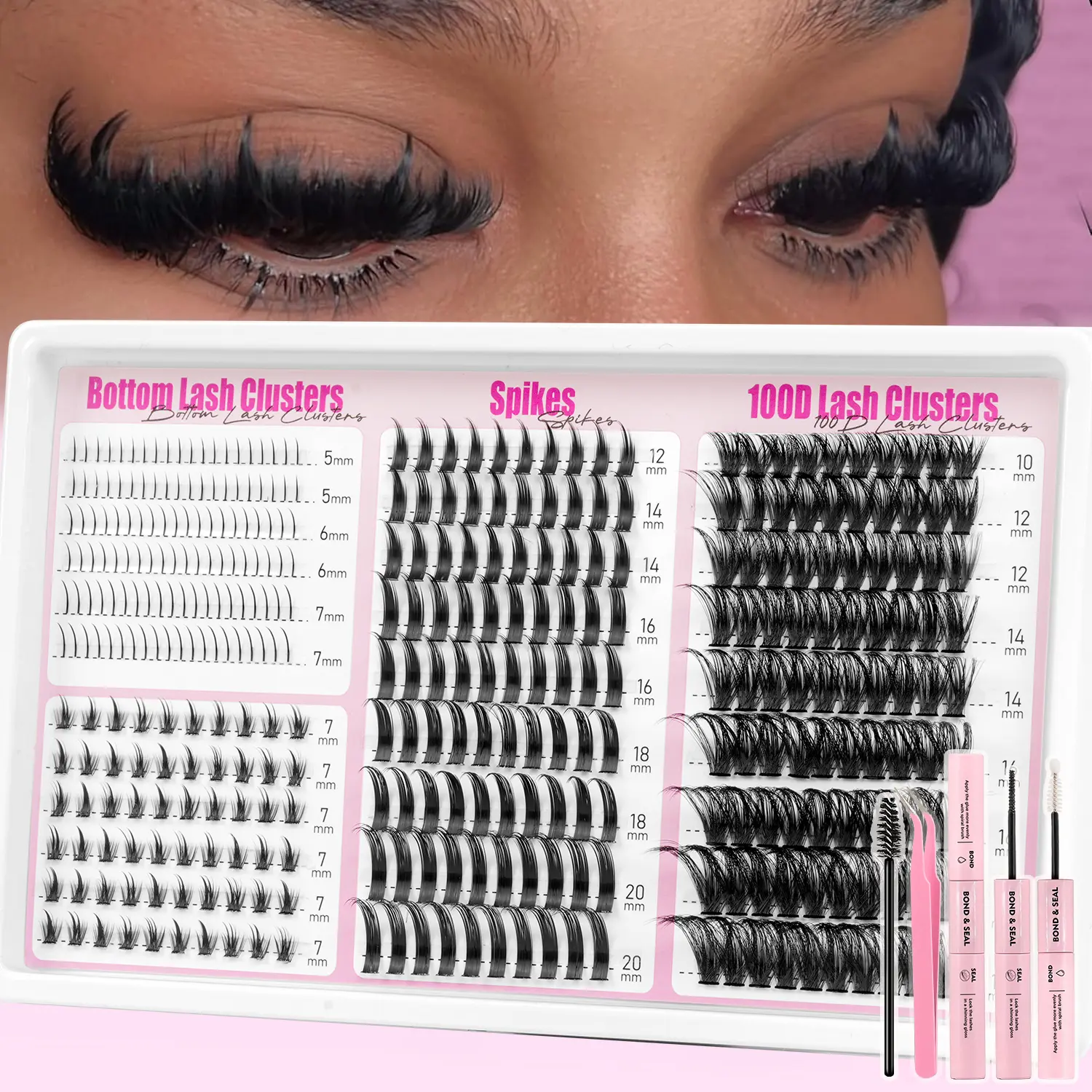 4-in-1 Lash Clusters Kit 360PCS With Bond & Seal, Tweezers & Lash Brush, 100D Volume Lashes, Spiky Lash Clusters, Bottom Lashes & Double-Layer Lashes For Manga, Cat Eye & Full Glam Looks
