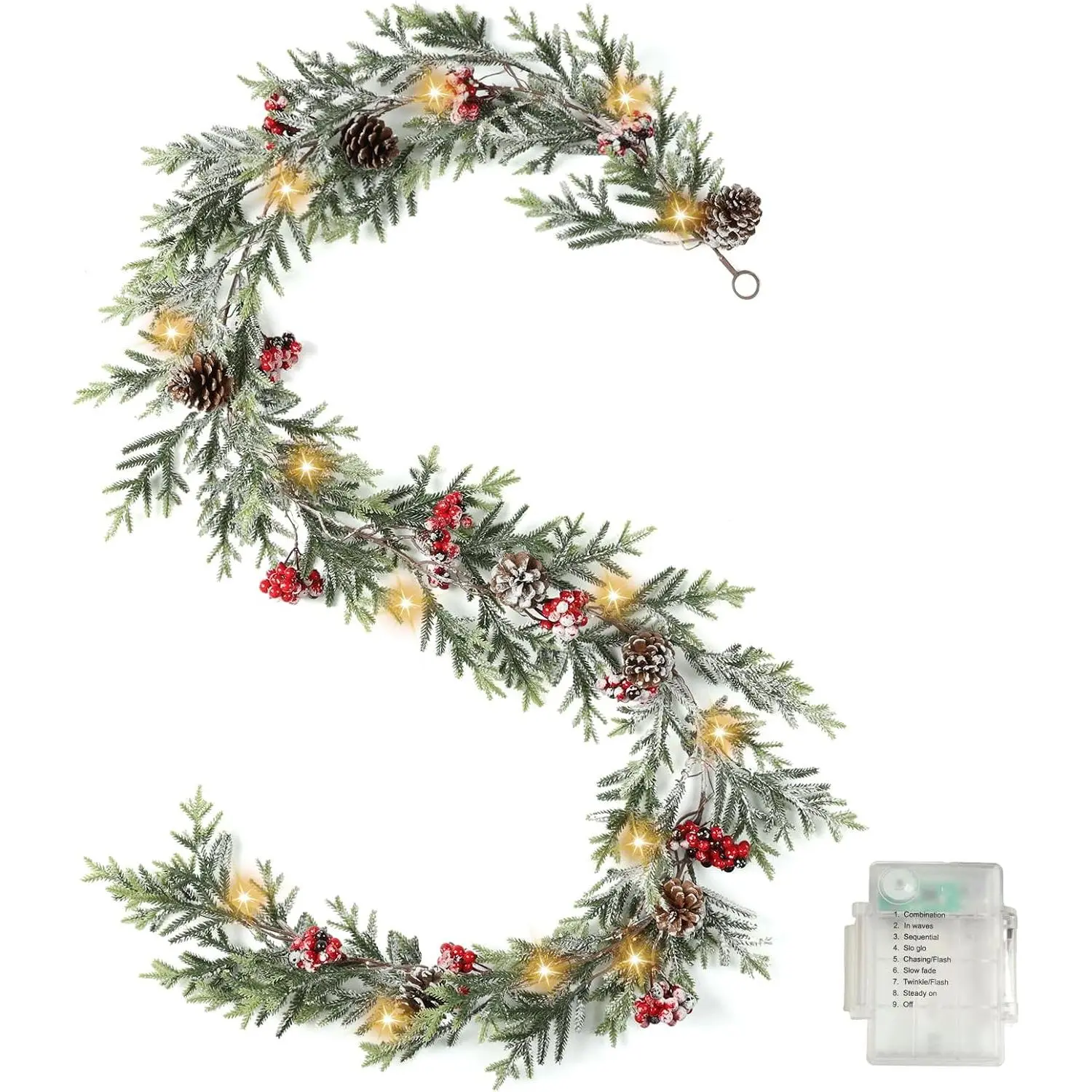6 FT Christmas Garland with Lights - Pre-Lit Artificial Christmas Garland, Flocked Garland with Red Berries Pine Cones for Decoration, Mantle Stairs Railing  Xmas Decoration Indoor
