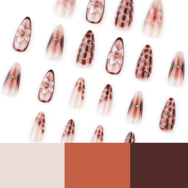 European and American Hot-Selling Marble Crack Wearable Nails Medium Short Almond Fake Nails 3D Flower Wearable Nail Tips Wholesale