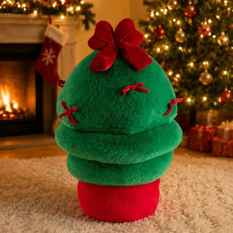 Christmas Tree Plush Pillow, Festive Home Decor, Soft Plush Ornament with Bow, Christmas Birthday Gift for Adults, Boys, Girls