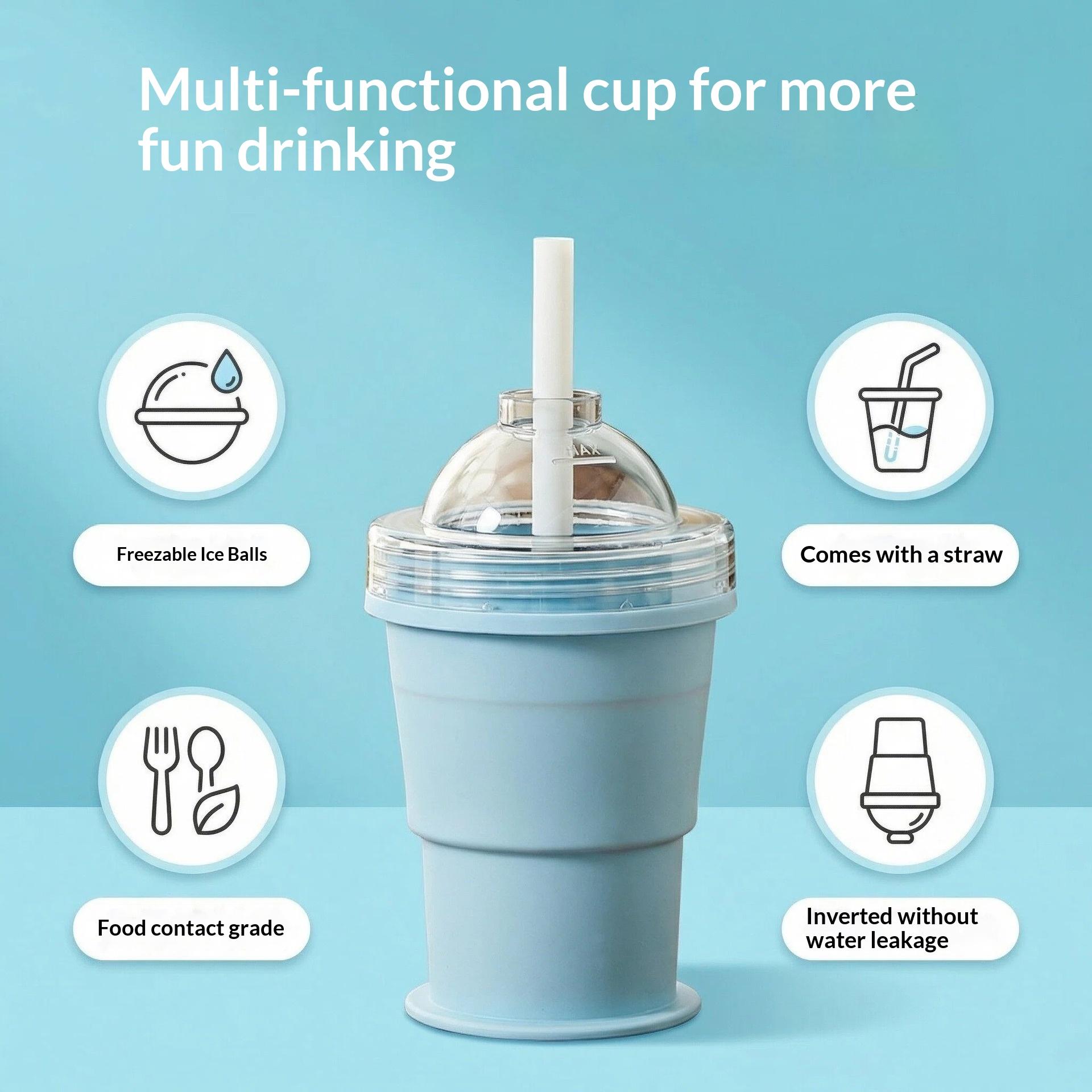 New portable foldable ice ball cup with built-in straw, silicone food-grade ice cup mold, convenient for summer outings