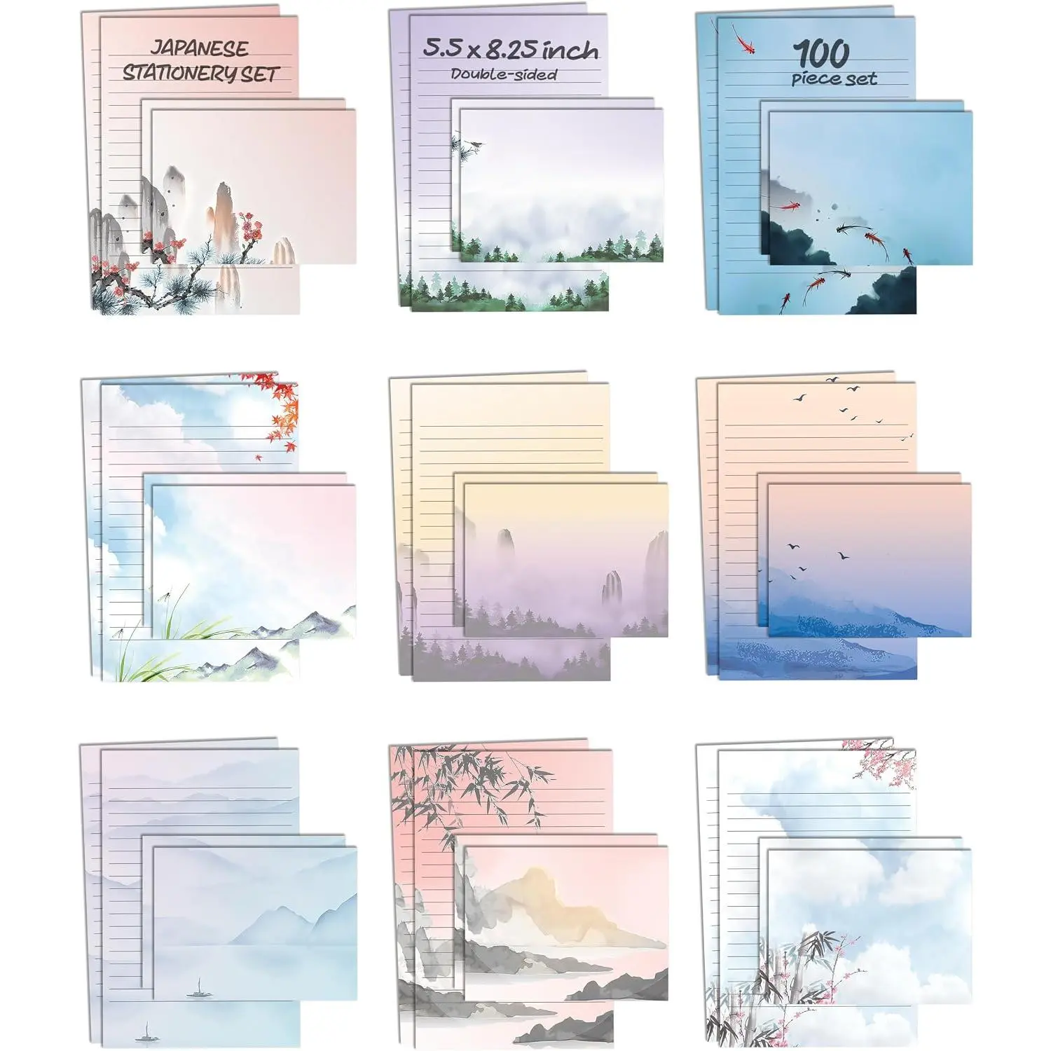 Mini Stationery Set of 100,  Stationery Paper (50 Lined Sheets + 50 Matching Envelopes), 5.5 x 8.25 inch, 9 Designs, Double Sided Printing,  Side Lined Paper,