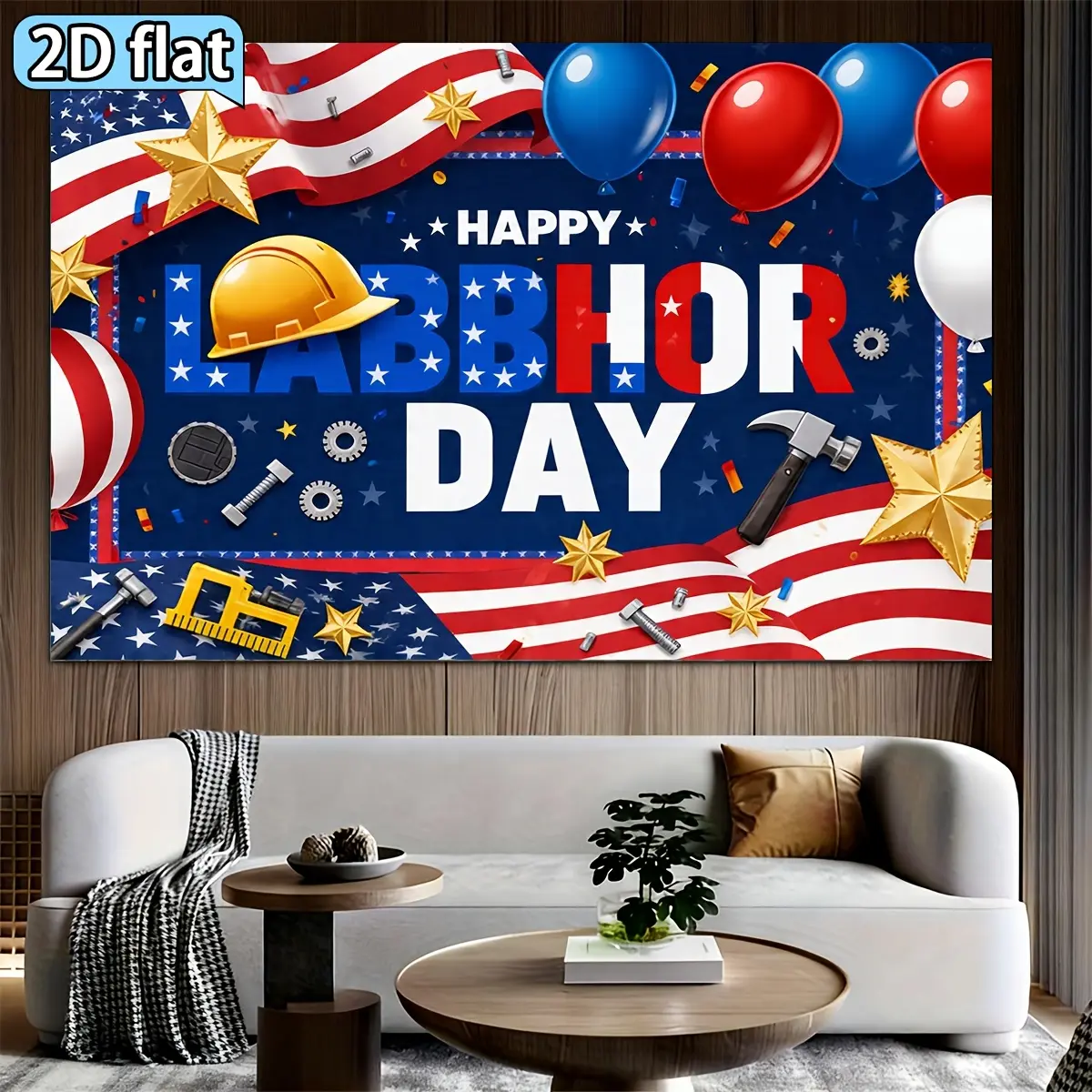 Labor Day Banner Tapestry, American Flag and Worker Tools Theme Polyester Backdrop for Office Decor, Party Background, Holiday Celebration and Wall Hanging