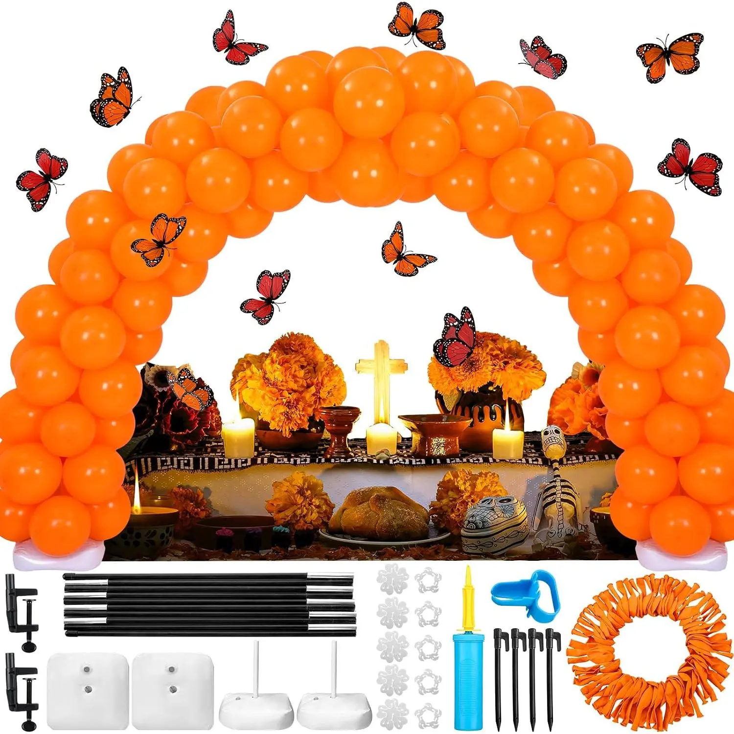 Dia De Los Muertos Decorations Set 12ft Day of The  Marigold Balloon Arch Stand Kit 100 Balloons 2 Balloon Stands Water Fillable Bases 12 count  Butterfly Decor for Dia De Los Muertos  Decor