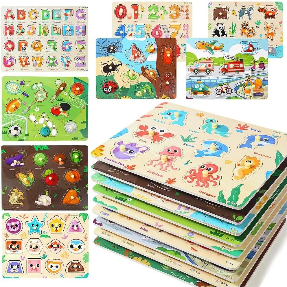 9 Pack Montessori Toddler Puzzle for 3 4 5 Years Old, Wooden Learning Puzzle for Toddlers 3-5, Animal, Alphabet, Number, Shape Peg Puzzles Set, Great Birthday for Boys Girlsfidget toys
