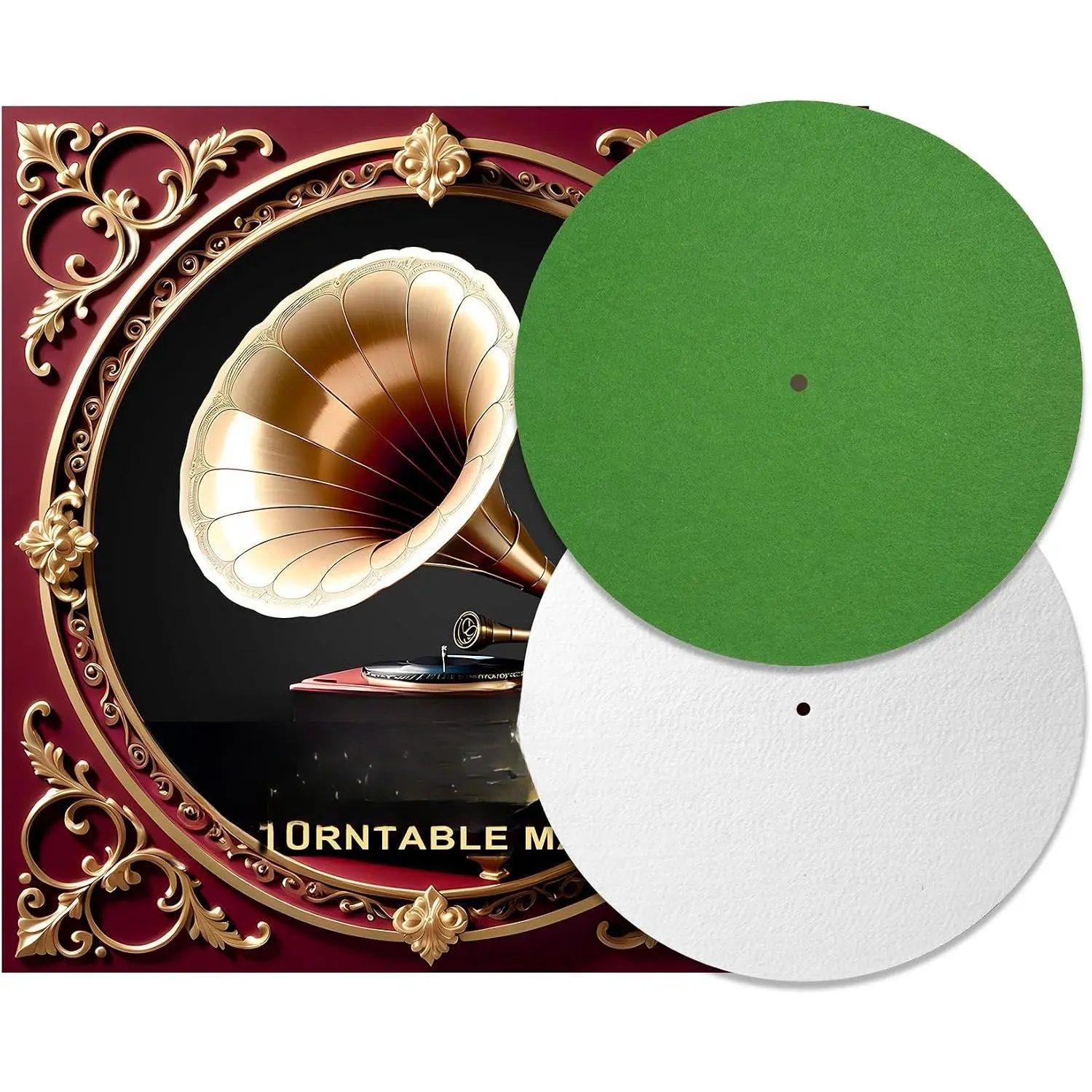 2 count 12 Inch  Record Player Felt Mats - Anti-Static Turntable Slipmat, Shock Absorbing and Protective Pad for Phonograph Turntables, Improves Audio Performance(Green & White)