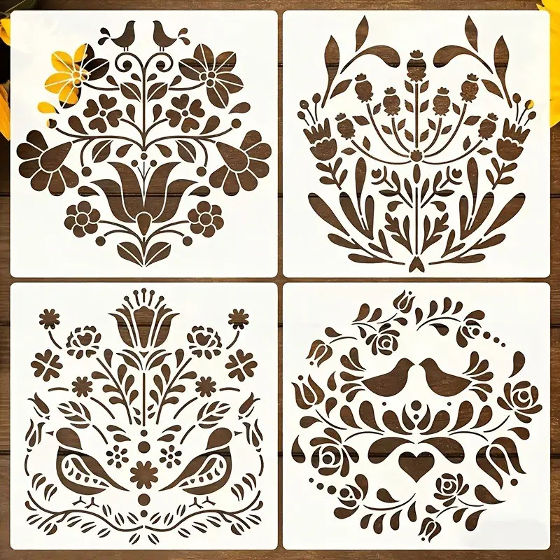 4 Floral Design Templates, Washable and Reusable, Flexible Painting Stencils, Craft Supplies, Home Decor, Art Projects, Durable Plastic