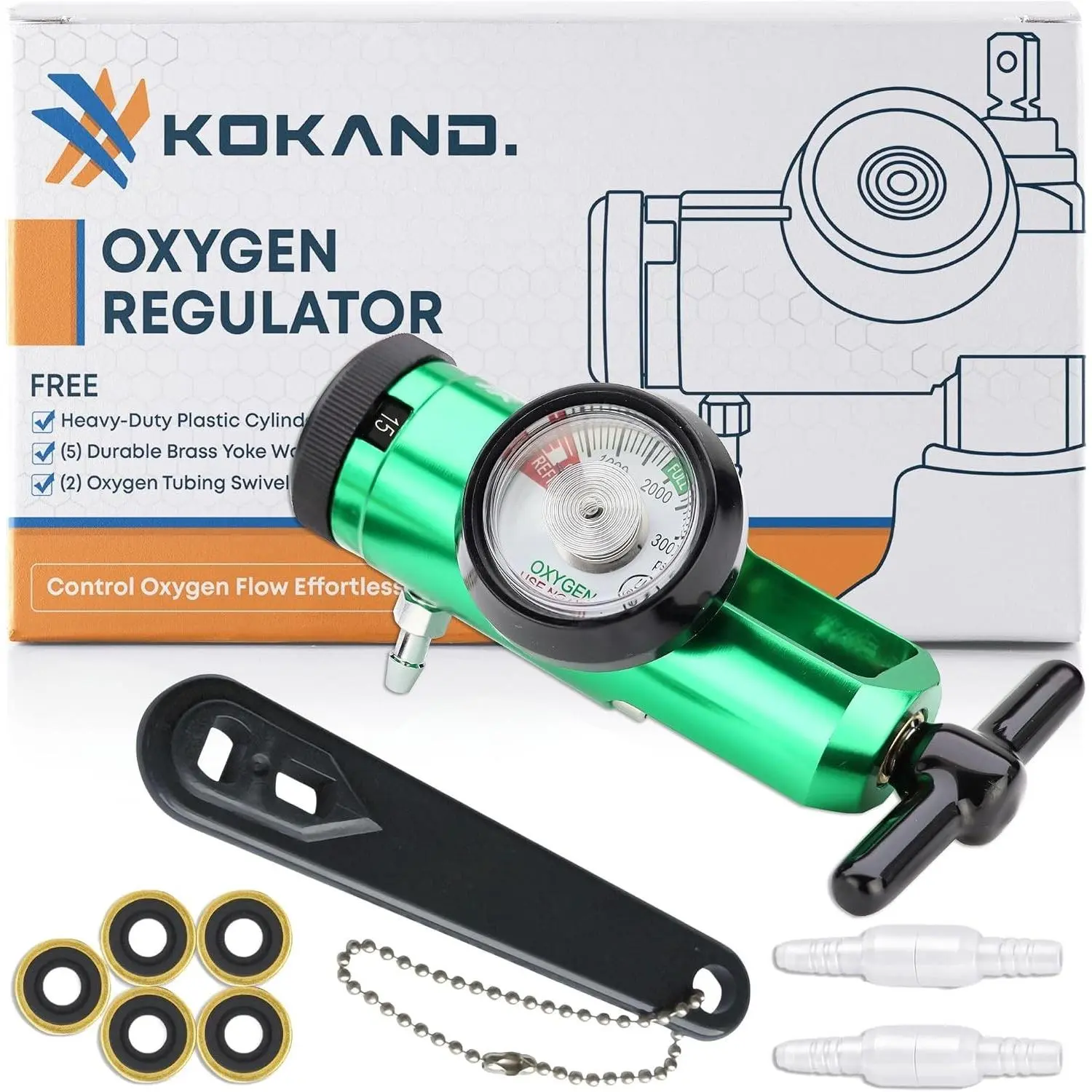 Oxygen Regulator 0-15LPM Oxygen Tank Regulator with Gauge CGA-870 Fitting Includes Wrench Key 5 Brass Yoke Washer Seals 2 Tubing Swivel Connectors O2 Flow Meter Green