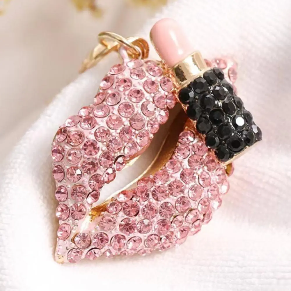 Rhinestone Lips Bag Charm, Glam Sparkle Keychain with Lipstick Pendant, Decorative Girly Purse Accessory for Handbags and Date Night, Bag Chains And Charms, Girly Purse Items, Club Fits