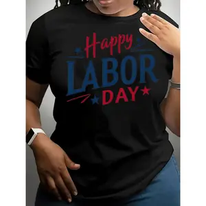 Special Women'S Crew Neck Short Sleeve T-Shirt for Labor Day, Featuring a Breathable Graphic Print, Retro Lettering, And Perfect for Holiday Parties