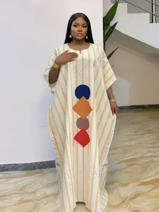 Green striped V-neck plus-size ethnic boubou caftan women's dress, elegant and stylish, loose plus-size printed daily casual party gathering home beach vacation short-sleeve dress with scarf and pockets 2026