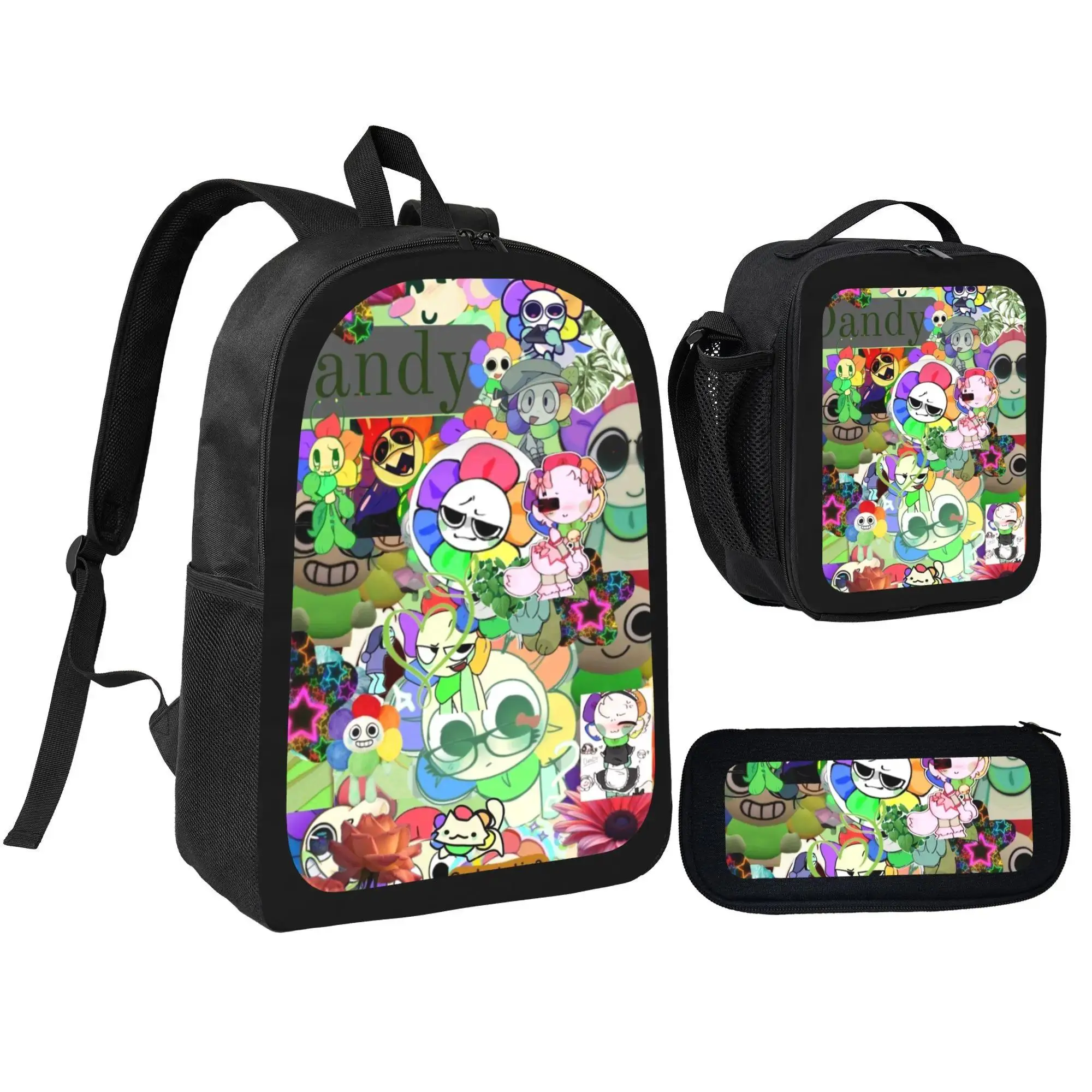 Dandy's World Game Themed 3-Piece Backpack Kit, School Bookbag with Thermal Insulated Lunch Box and Zipper Pencil Case, Casual Travel Daypack for Children Boys Girls