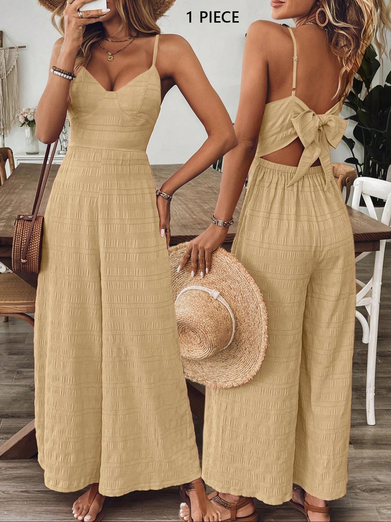 Women's Plain Bow Decor Jumpsuit, 1 Count Casual Sleeveless Cami Jumpsuit for Daily Wear, Ladies Clothes for All Seasons