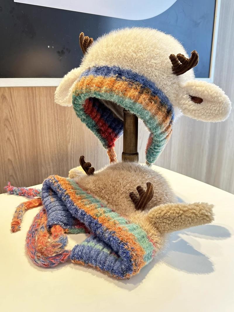 Christmas Reindeer Antler Hat, Knitted Warm Winter Hat with Ear Protection, Windproof and Cozy, Adjustable Size Fits Kids to Adults, Multi-use Design – Can Also Be Used as a Handbag