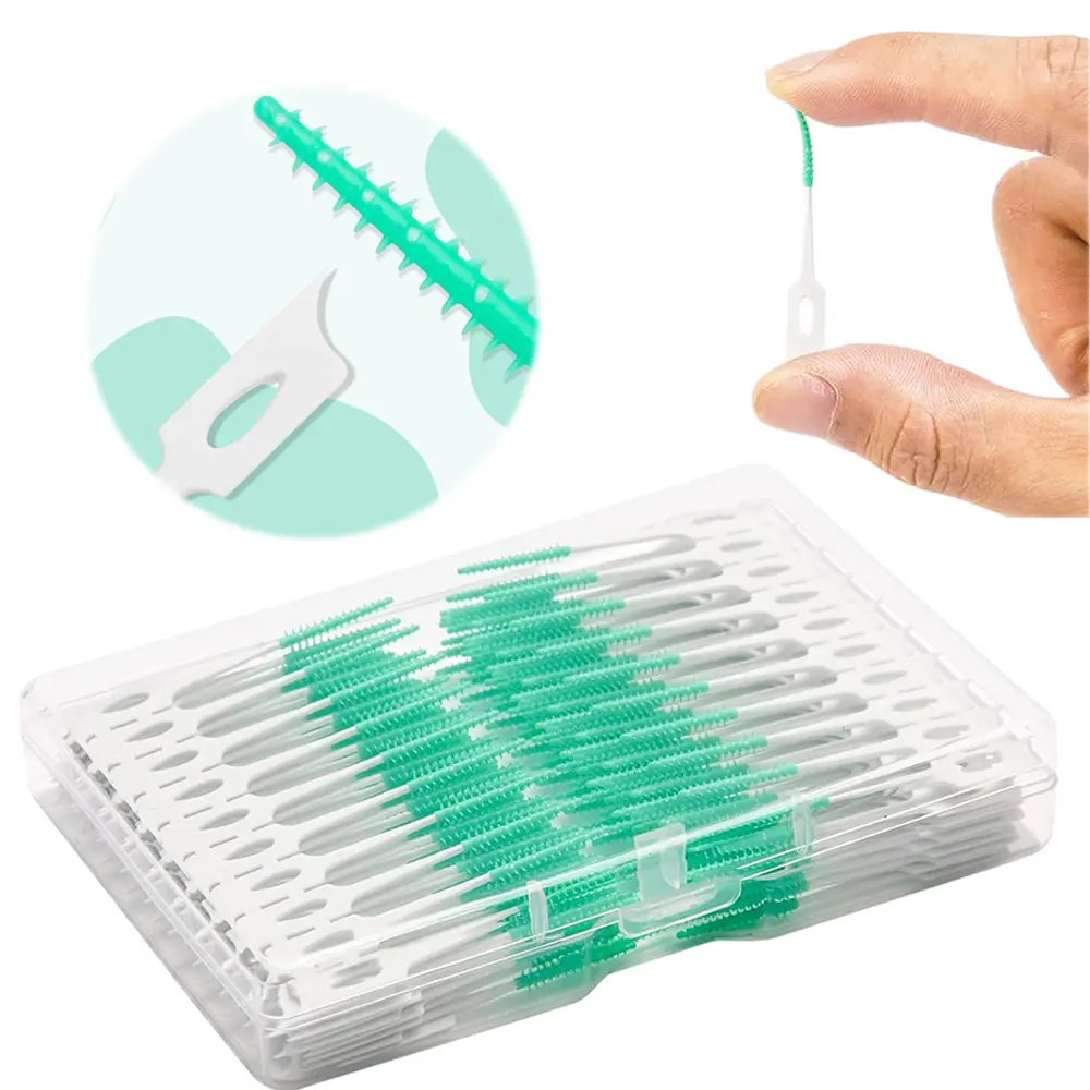 200 Count Dual-Ended Soft Rubber Interdental Floss Picks, Green Disposable Teeth Cleaning Tools with Portable Carry Case, Gentle Gum Care Dental Brushes for Braces Daily Oral Hygiene