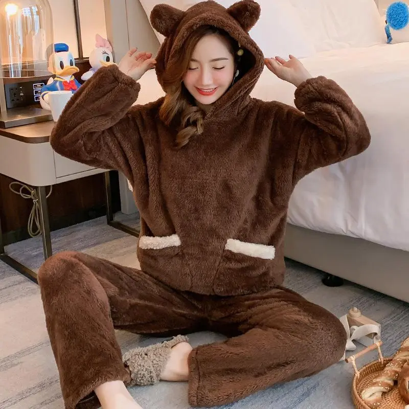 Thickened Warm Autumn and Winter Women Cartoon Plush Hooded Bear Sleepwear Girl Flannel Homewear Laides Coral Velvet Nightwear