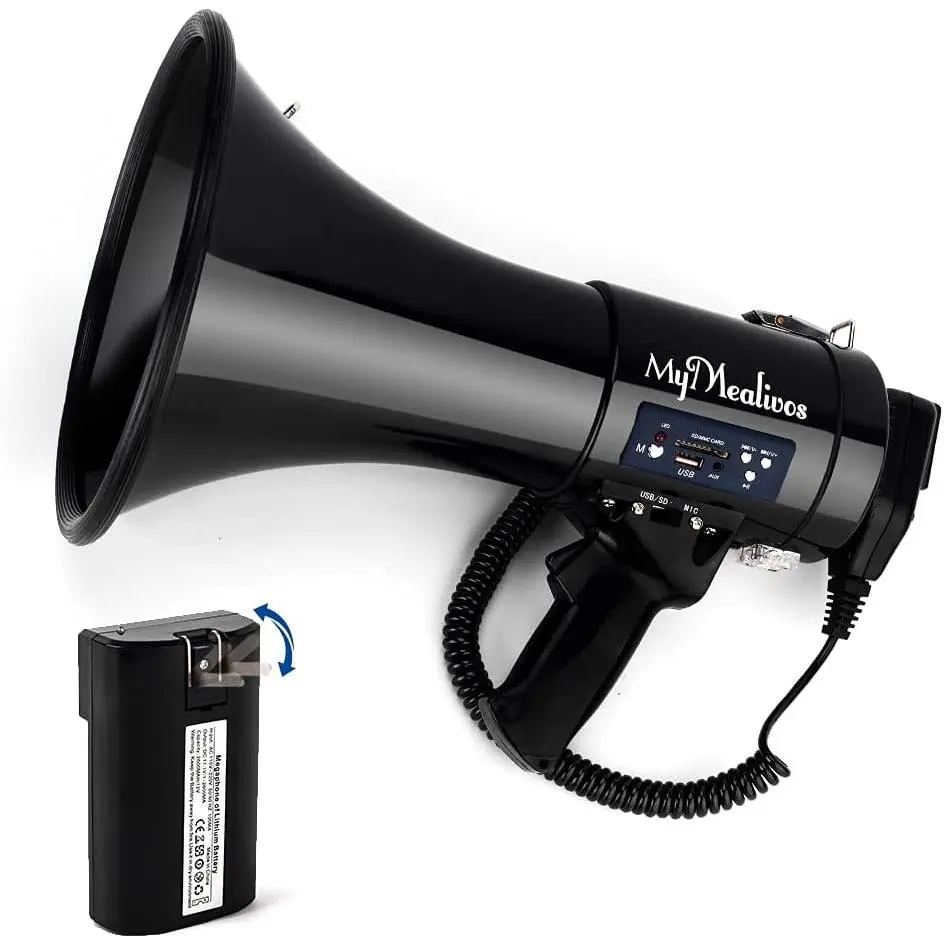Bluetooth Megaphone with Siren Bullhorn 50 Watt Bullhorn Speaker with Detachable Microphone, Portable Lightweight Strap & 3.5mm Aux Input