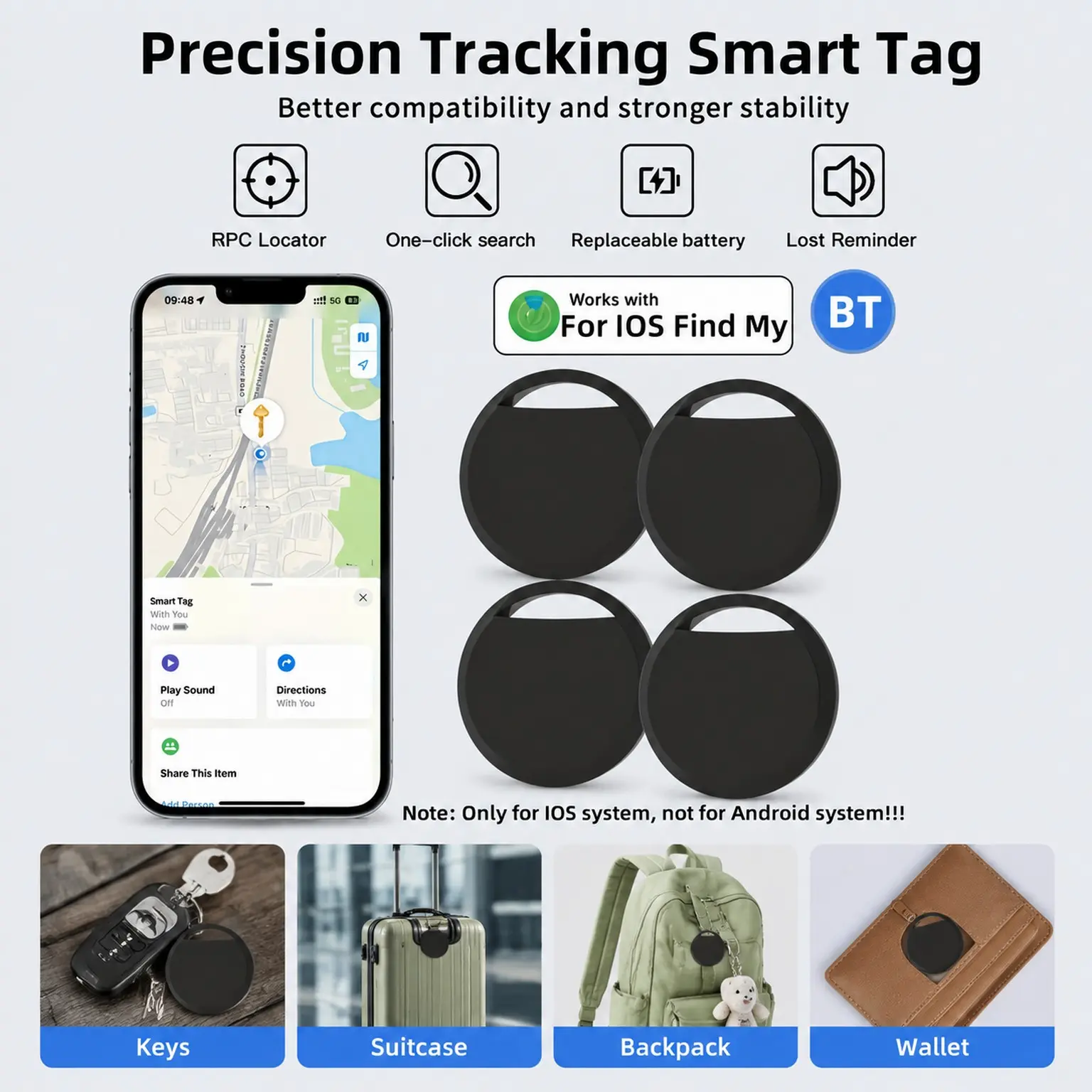 4 Pack Smart Bluetooth-compatible Tracker, Apple Find My Compatible, Real-Time Location, Remote Sound, Anti-Lost Keychain Tracker Key Finder for Keys, Wallet, Luggage, Pets