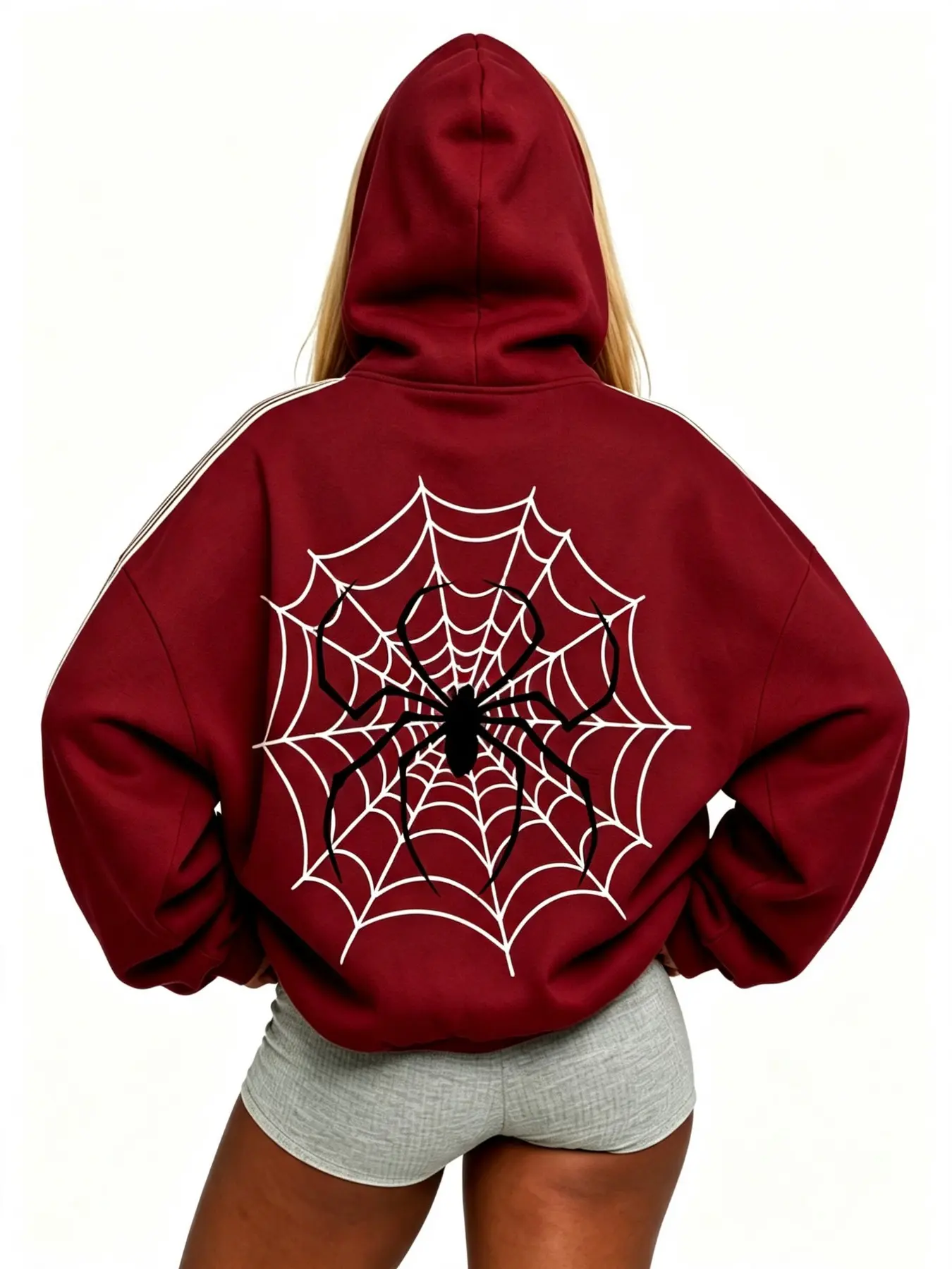 Single Women Y2K Gothic Spider Print Fleece Zip Up Hoodie With Pocket, Leopard Thick Fuzzy Lining Side Stripe Oversized Top For Street Style Shopping Daily Casual Outfits