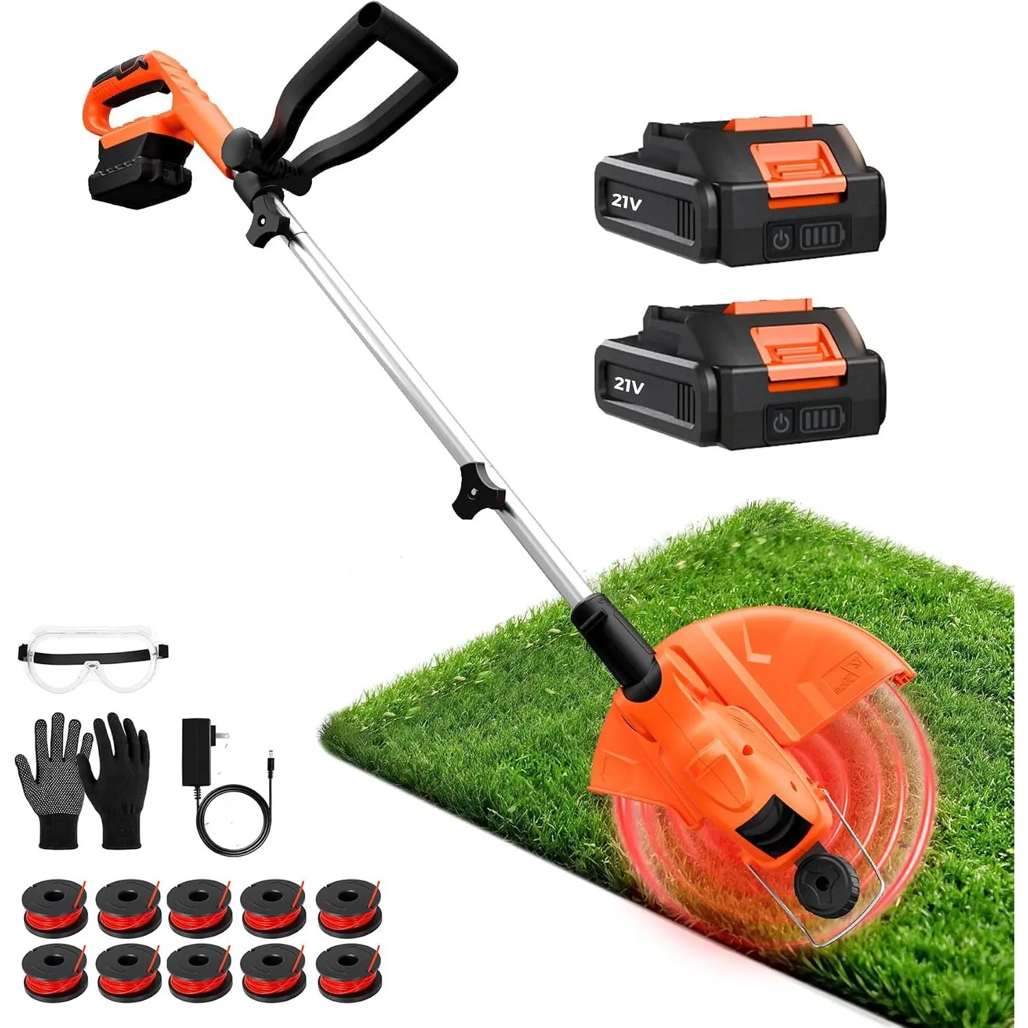 Weed Wacker Eater   Cordless  Small Yards & Seniors | 21V Electric String Trimmer Power Edger Lawn Mover Lightweight Grass  12" with Charger for Yard Garden Sideway (Orange)