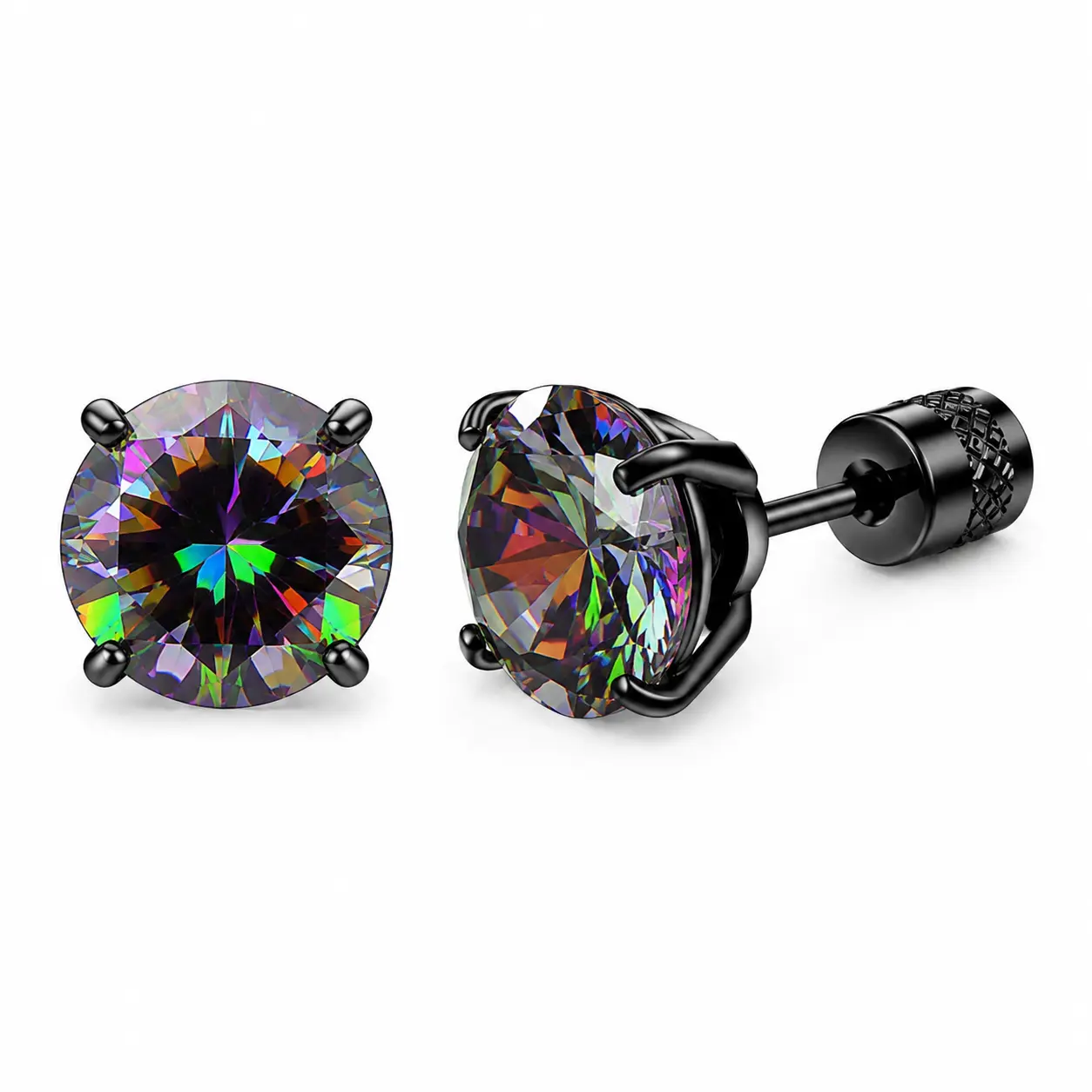 Black Stainless Steel Stud Earrings, 8mm Rainbow Cubic Zirconia Unisex Round Studs with Hypoallergenic Secure Screw Back, Daily Wear, Minimalist