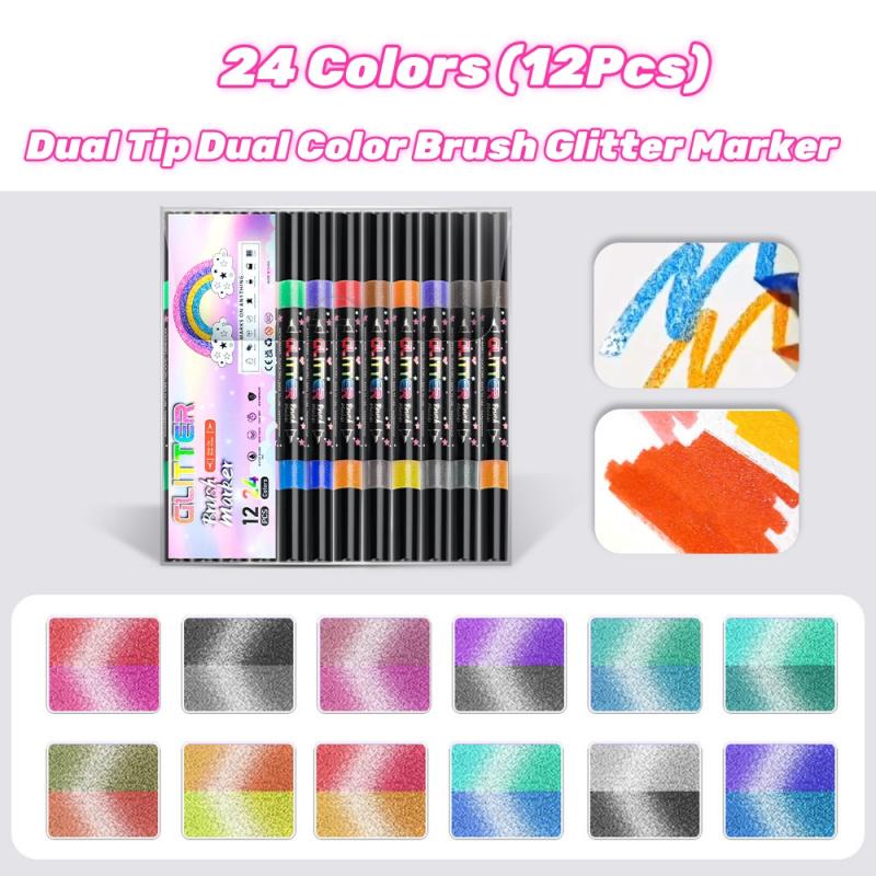 24/48 Colors Glitter Brush Markers,Dual Tip Dual Color Brush Glitter Marker for Doodle Writing, Glitter Art Crafts Adults DIY Crafts Greeting Birthday Cards Making