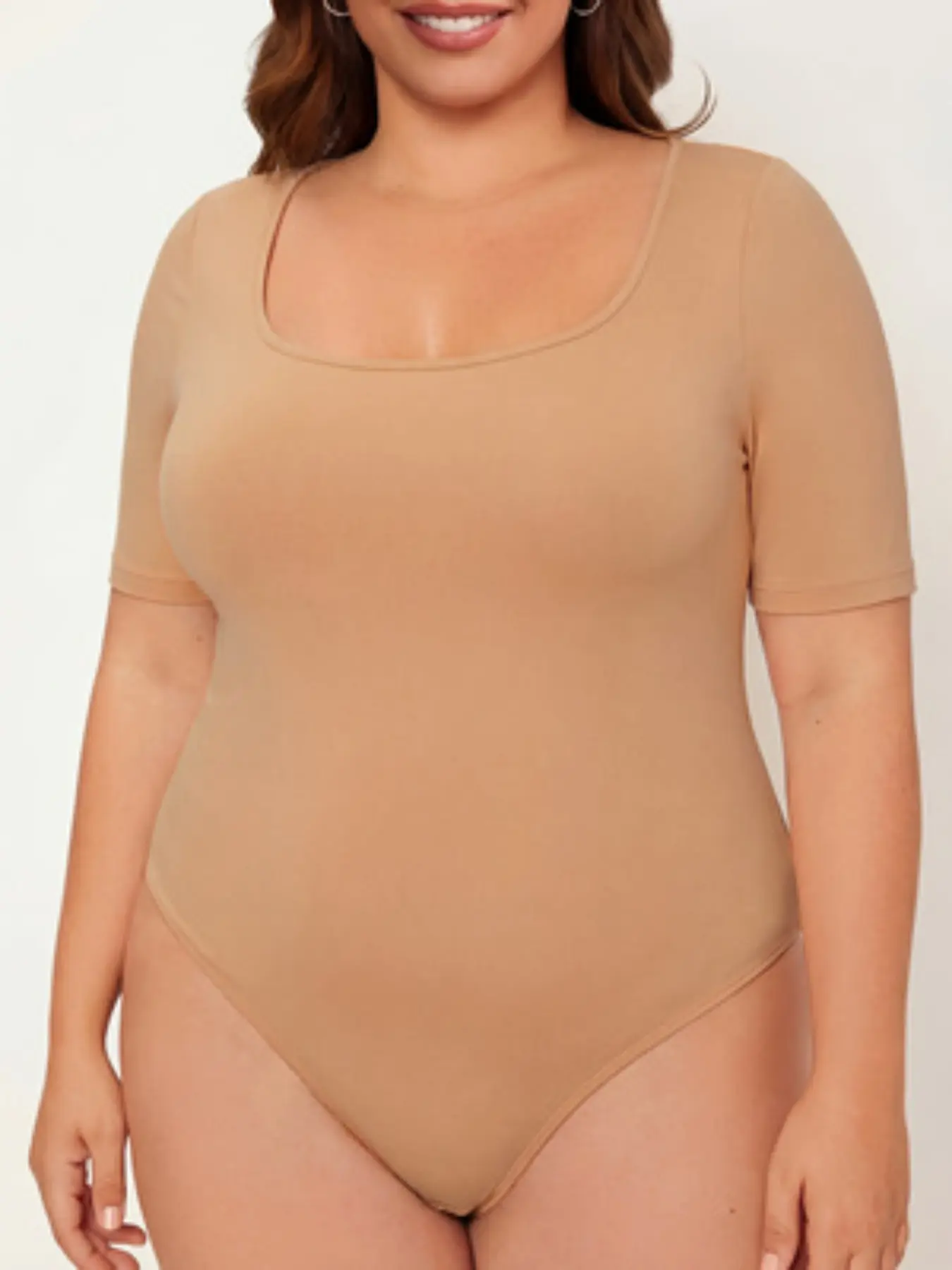 Women's Plus Size Short Sleeve Tight Fit Athletic Sports Stretchy Bodysuit, Square Neck Design, Comfortable and Stylish Activewear for Daily Use