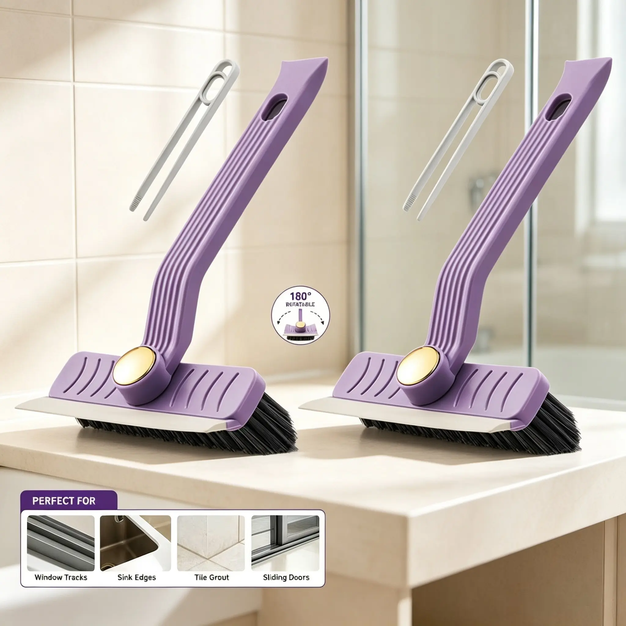 2 Pack Multifunctional Groove Cleaning Brush, 180° Rotatable Hard Bristle Scrub Brush with Squeegee, for Bathroom Kitchen Tile Grout Window Track, Scrubber Squeegee Combo