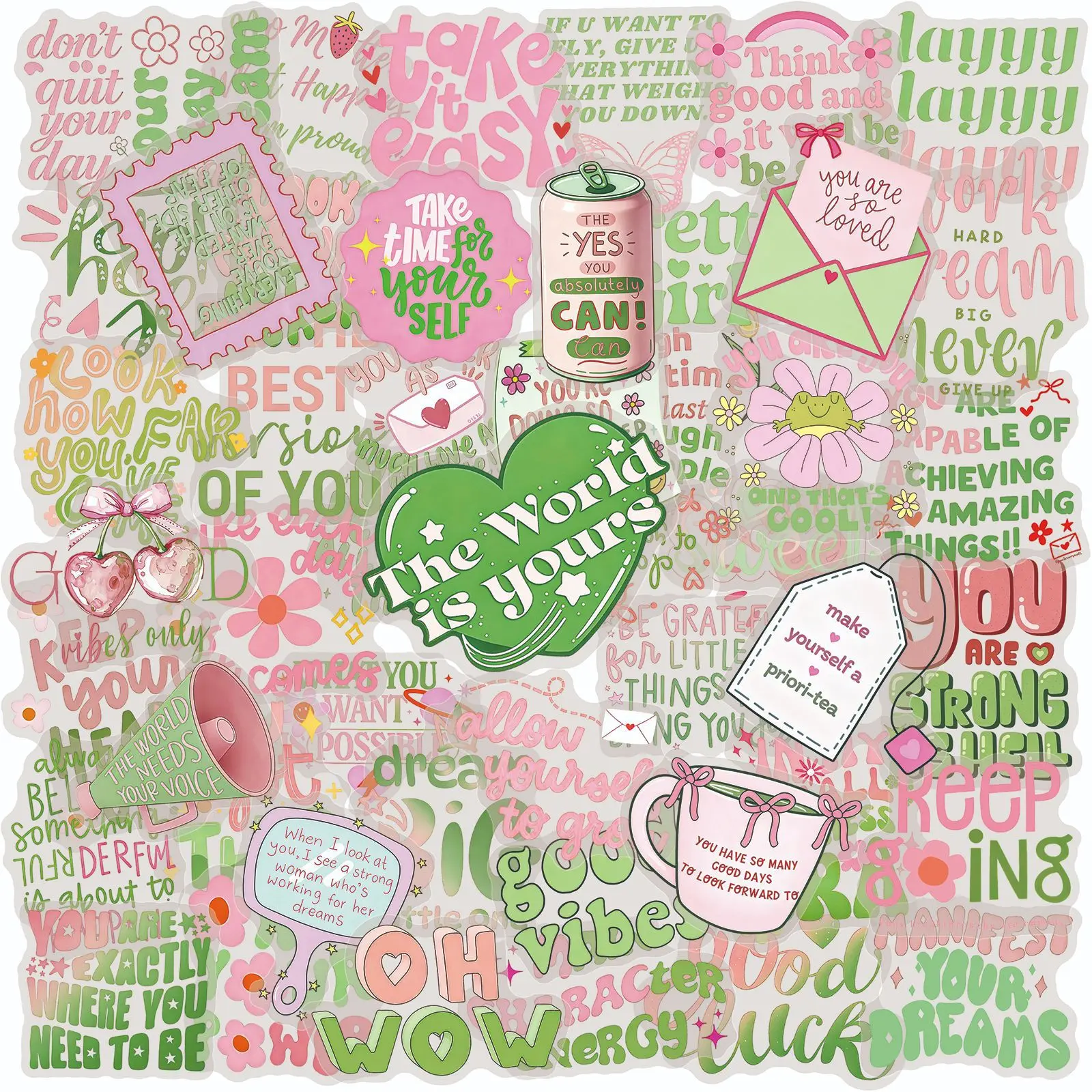 50pcs Fresh Pink and Green Inspirational Transparent PET Office Stickers/Notebook Stickers, High-Value Gifts for Decorating Journals, Scrapbooks, Computers, Water Bottles, Cars, Etc.
