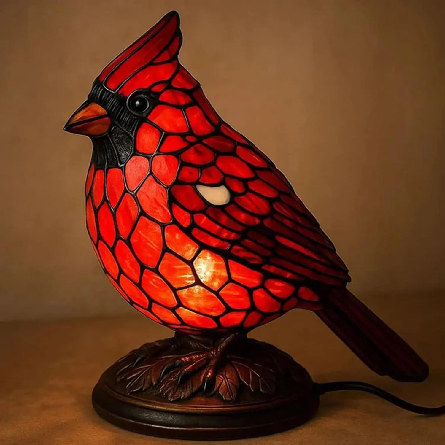 Creative Red Bird Resin Sculpture Art Night Light, an animal-themed ambient lighting fixture suitable for bedrooms, dormitories, bookshelves, and restaurants as decoration, and a festive Halloween and Christmas home atmosphere accessory.