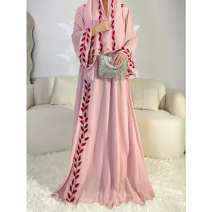 Arabic Clothing-Leaf Embroidered Bell Sleeve Chiffon Maxi Arabian Dress with Hijab, Elegant Long Kaftan Dresses Loose Abayas, Muslim Dress Islamic Clothes