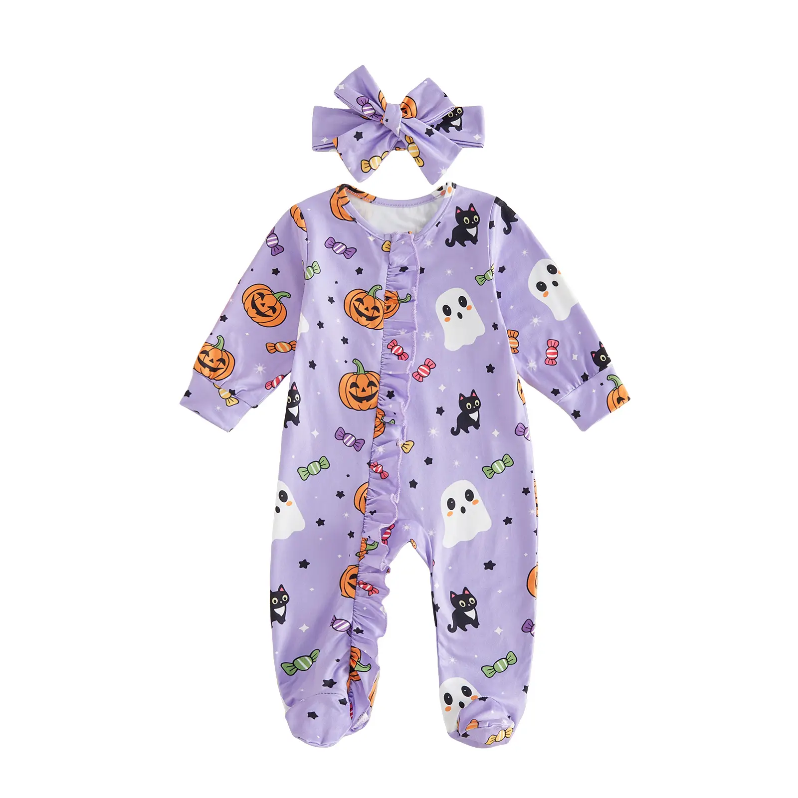 Newborn Baby Girls Halloween Footed Romper Pumpkin Ghost Print Ruffled Zipper Jumpsuits and Cute Headband Set 0-12 Months